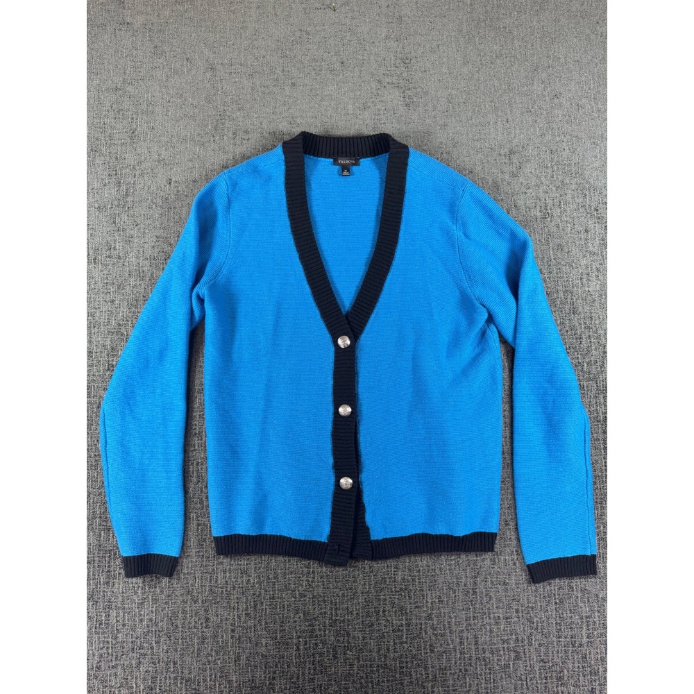 Talbots‎ Womens Blue Black Trim V-Neck Crest Button Cardigan Sweater XS